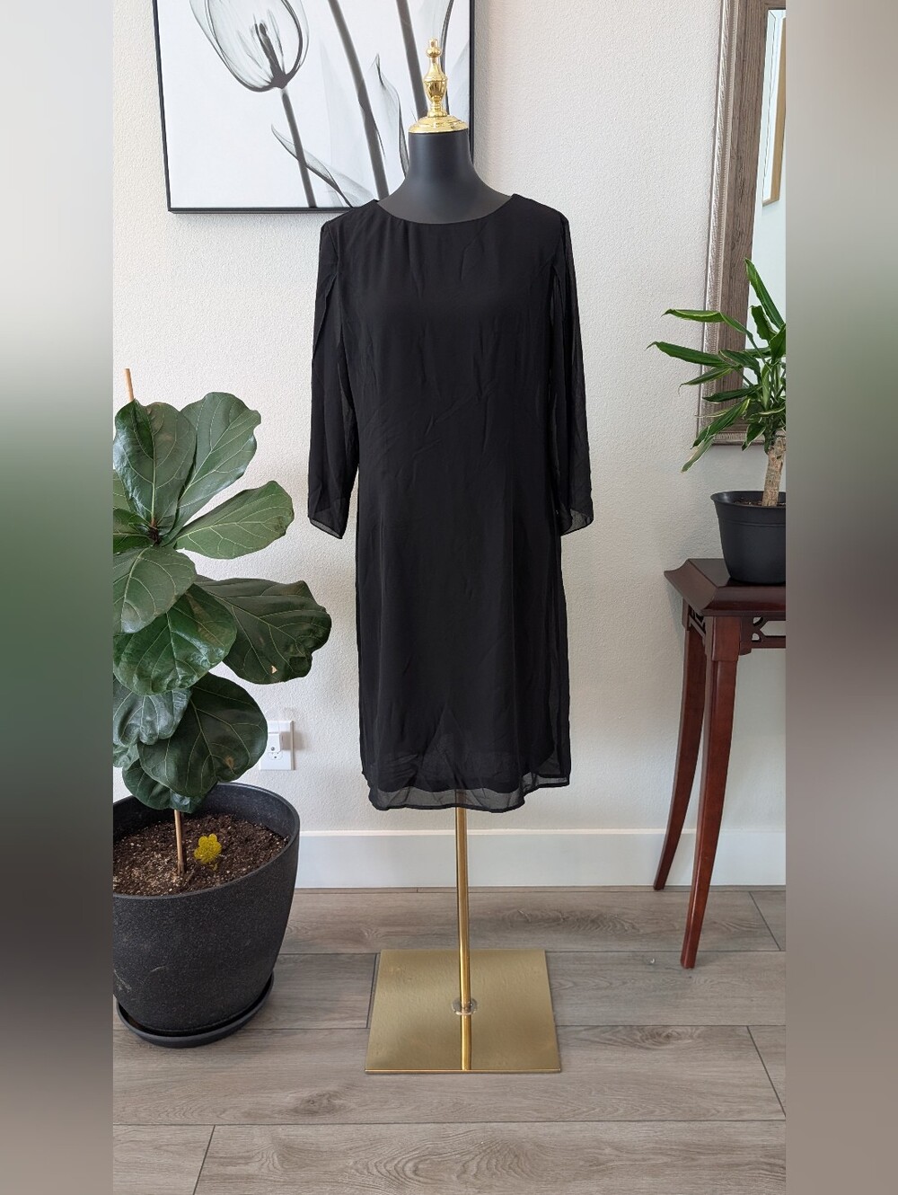 Grace Karin Black Long Sleeve Chiffon Shift Dress - L - Picture 1 of 11